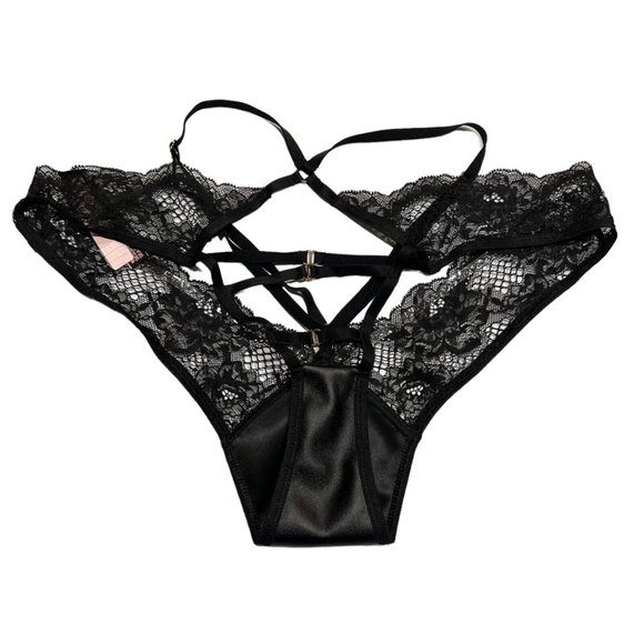 NWT VICTORIA'S SECRET Brazilian Slip Pantie Sz XL Black Lace Faux Leather - Picture 2 of 4